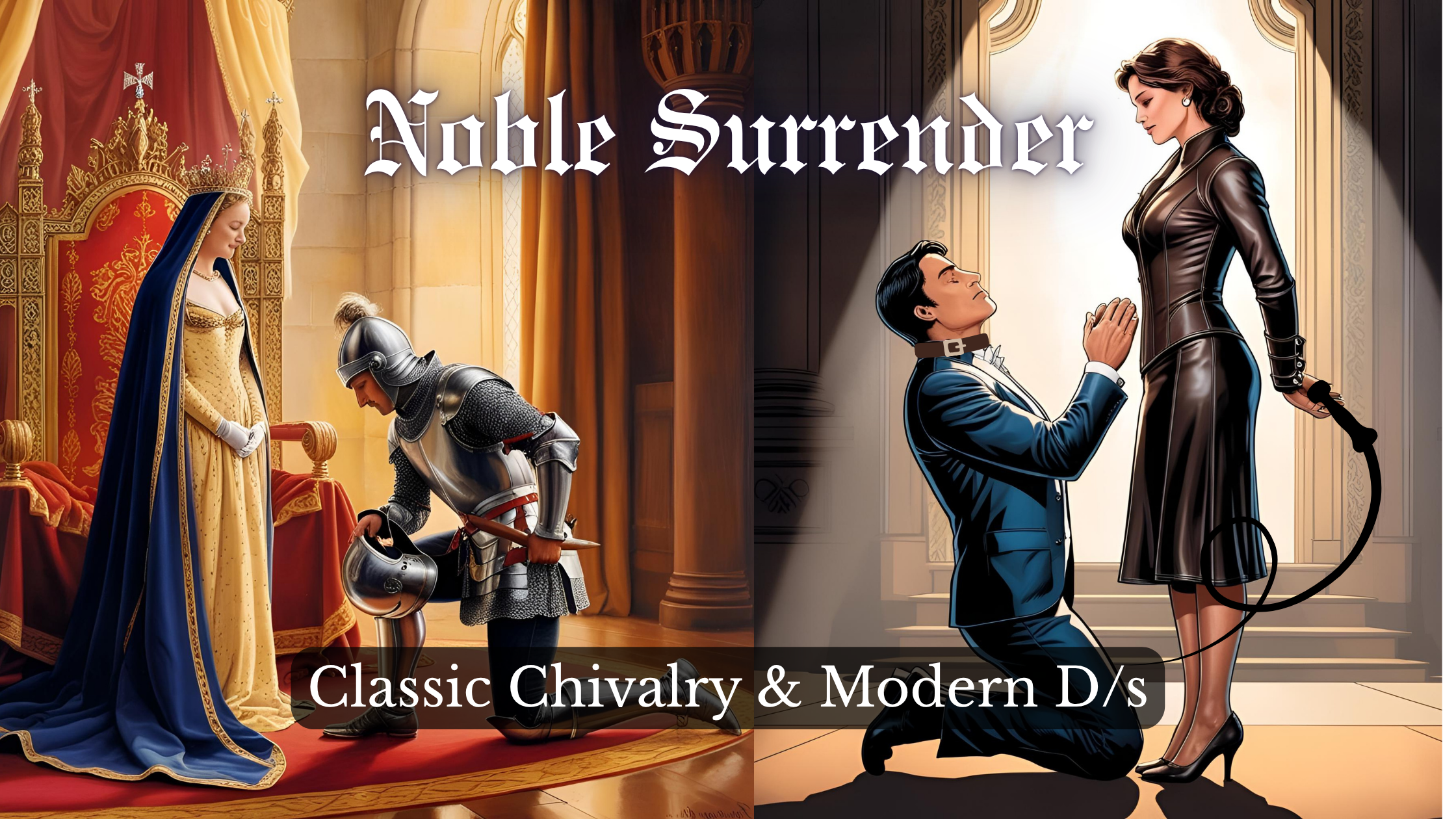Side by side photos one showing a knight in armor bowing to a queen, the other showing a man in a modern suit bowing to a woman in a leather skirt